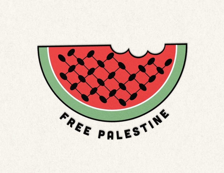 Artwork of a slice of watermelon with the words "Free Palestine" below it